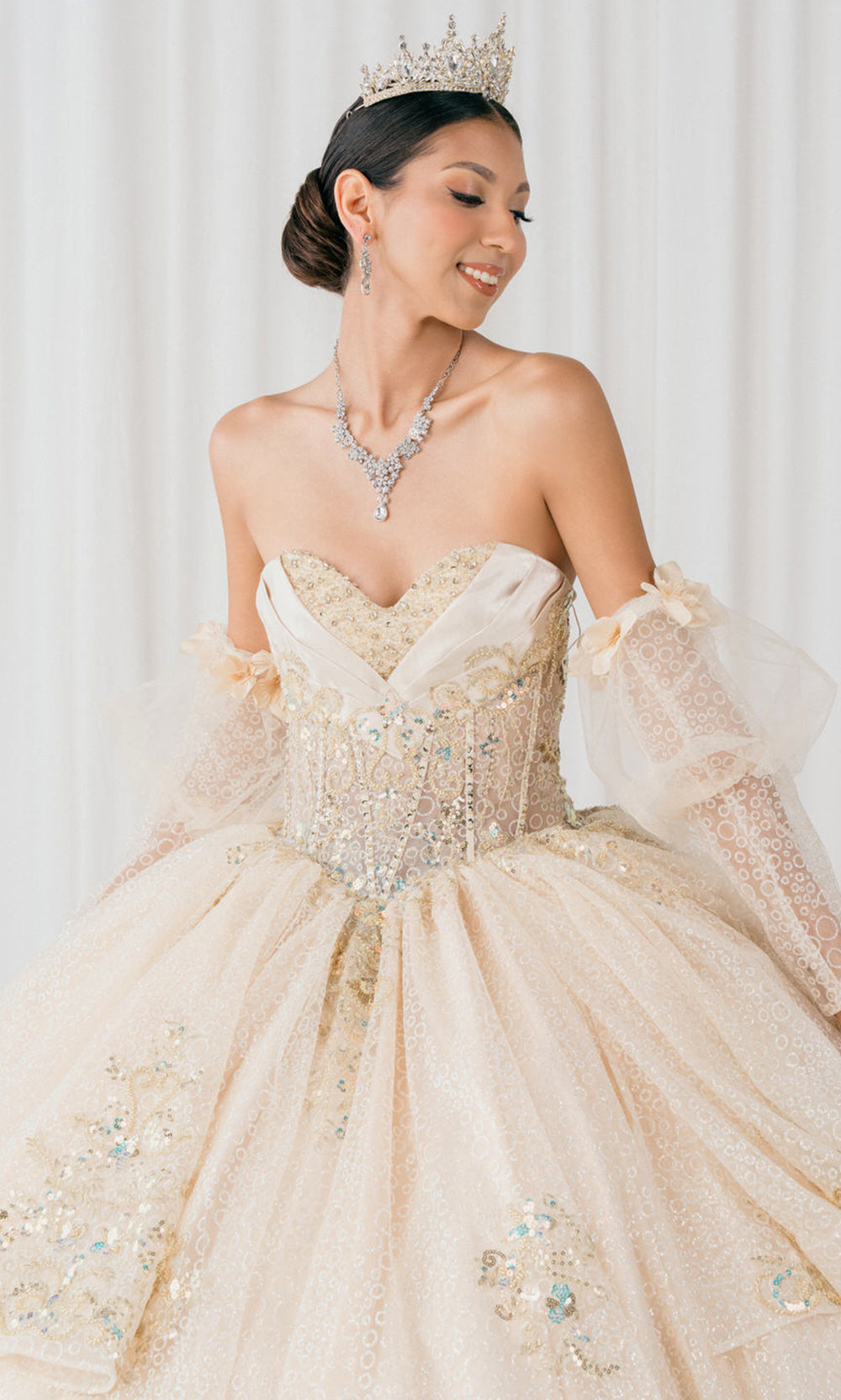 Cinderella Couture 8385J - Long Sleeve Layered Quince Gown Quinceanera Dresses in Champagne 