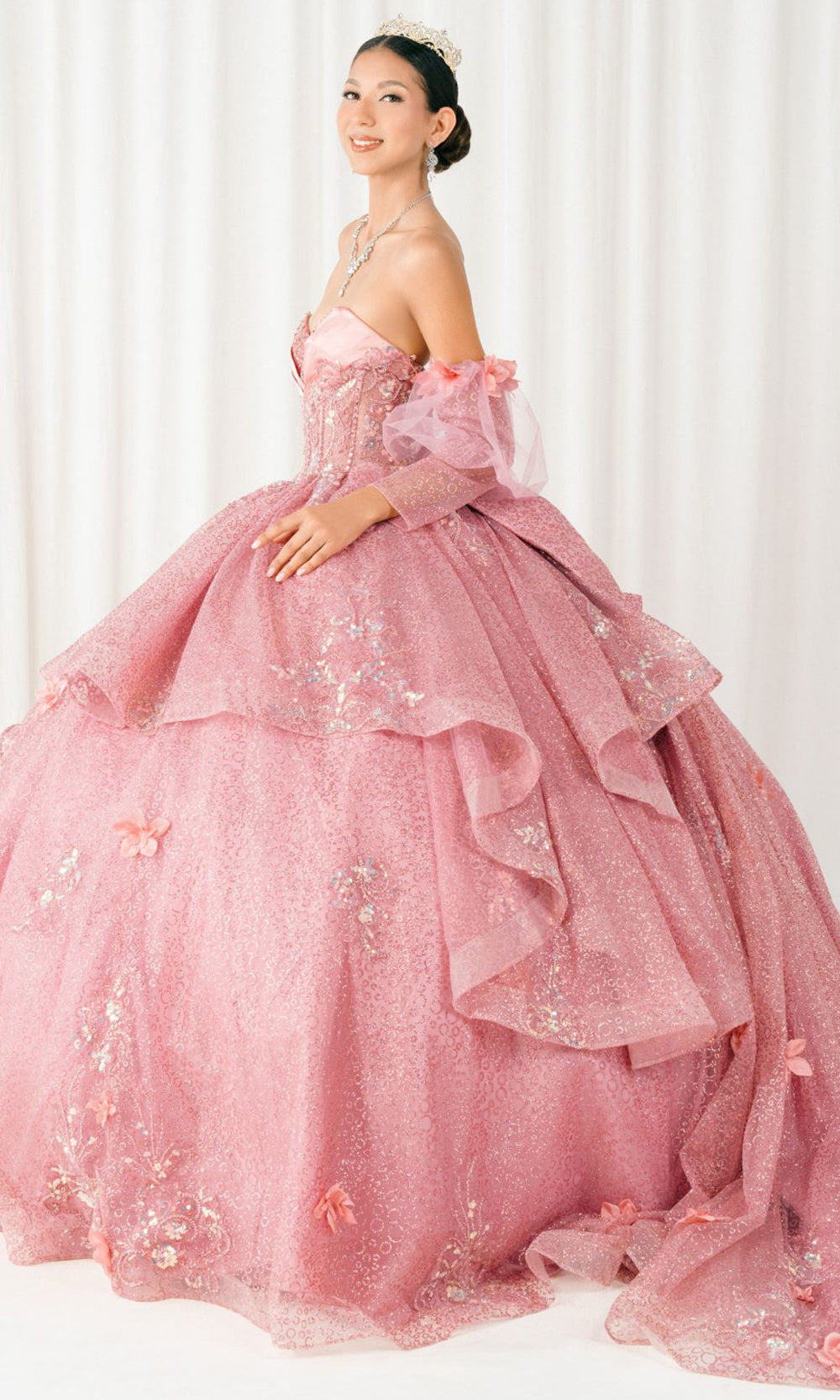 Cinderella Couture 8385J - Long Sleeve Layered Quince Gown Quinceanera Dresses in Dusty Rose