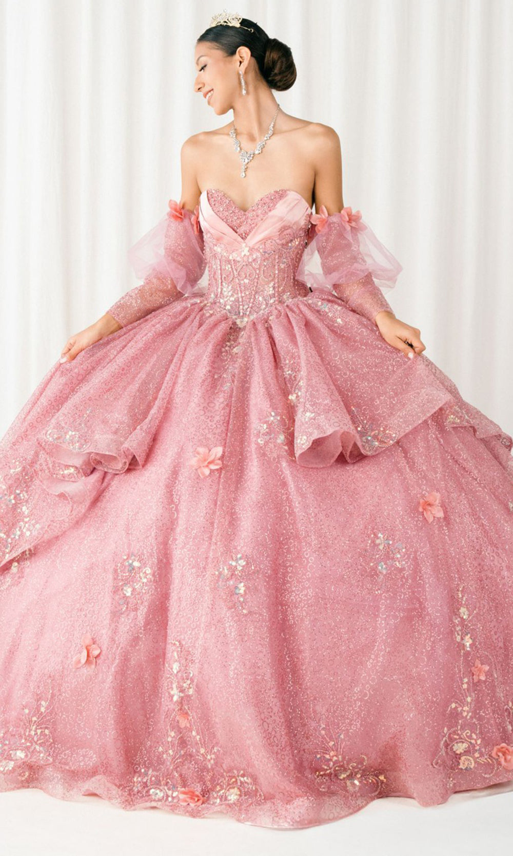 Cinderella Couture 8385J - Long Sleeve Layered Quince Gown Quinceanera Dresses in Dusty Rose