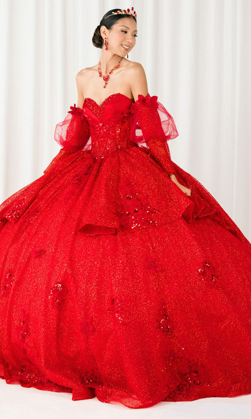 Cinderella Couture 8385J - Long Sleeve Layered Quince Gown Quinceanera Dresses in Red 