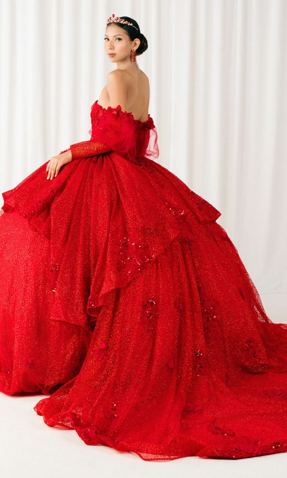 Cinderella Couture 8385J - Long Sleeve Layered Quince Gown Quinceanera Dresses in Red 
