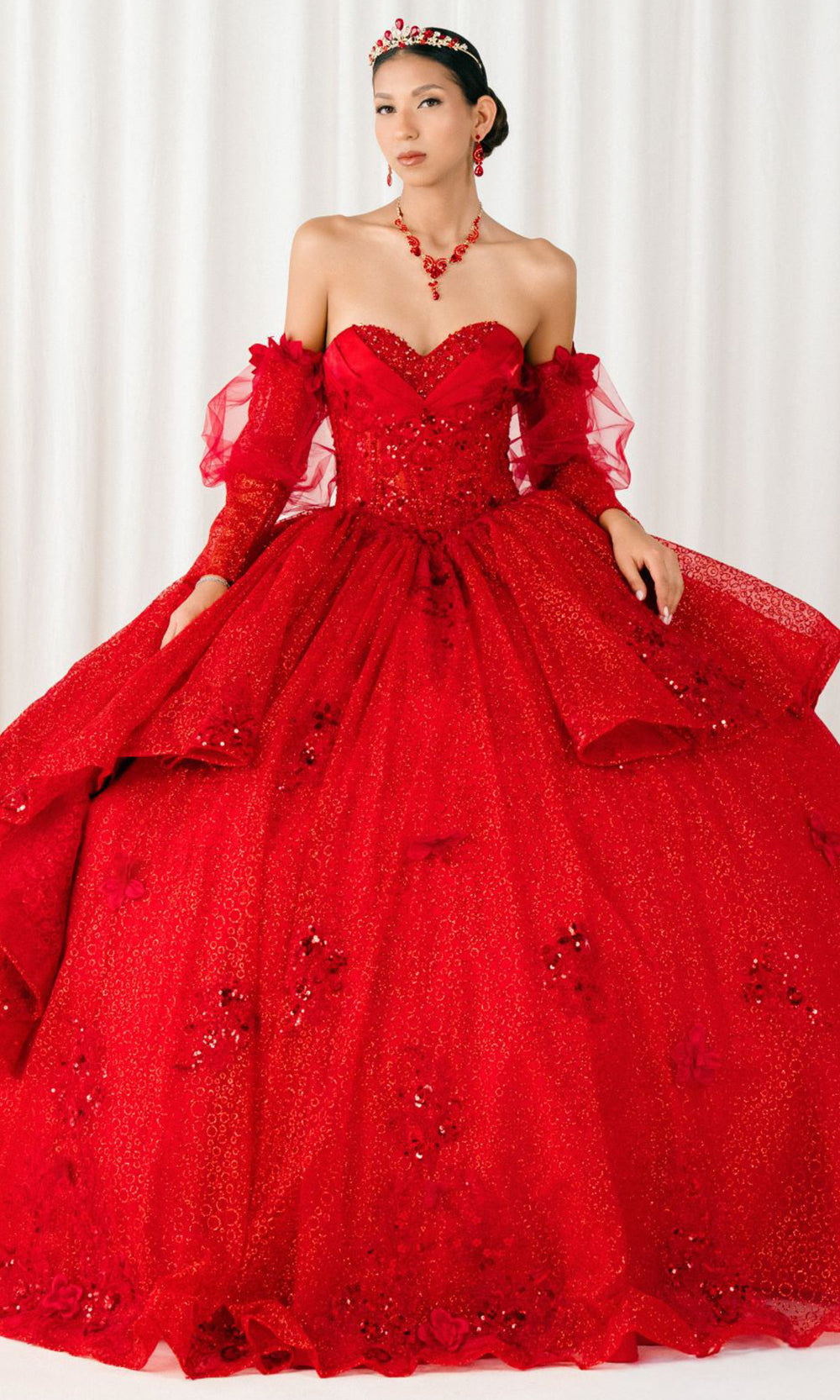 Cinderella Couture 8385J - Long Sleeve Layered Quince Gown Quinceanera Dresses in Red 