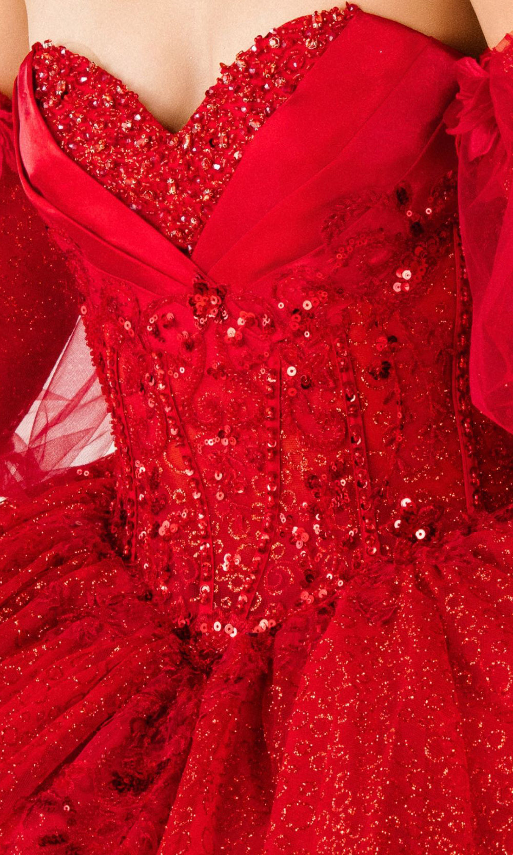 Cinderella Couture 8385J - Long Sleeve Layered Quince Gown Quinceanera Dresses in Red 