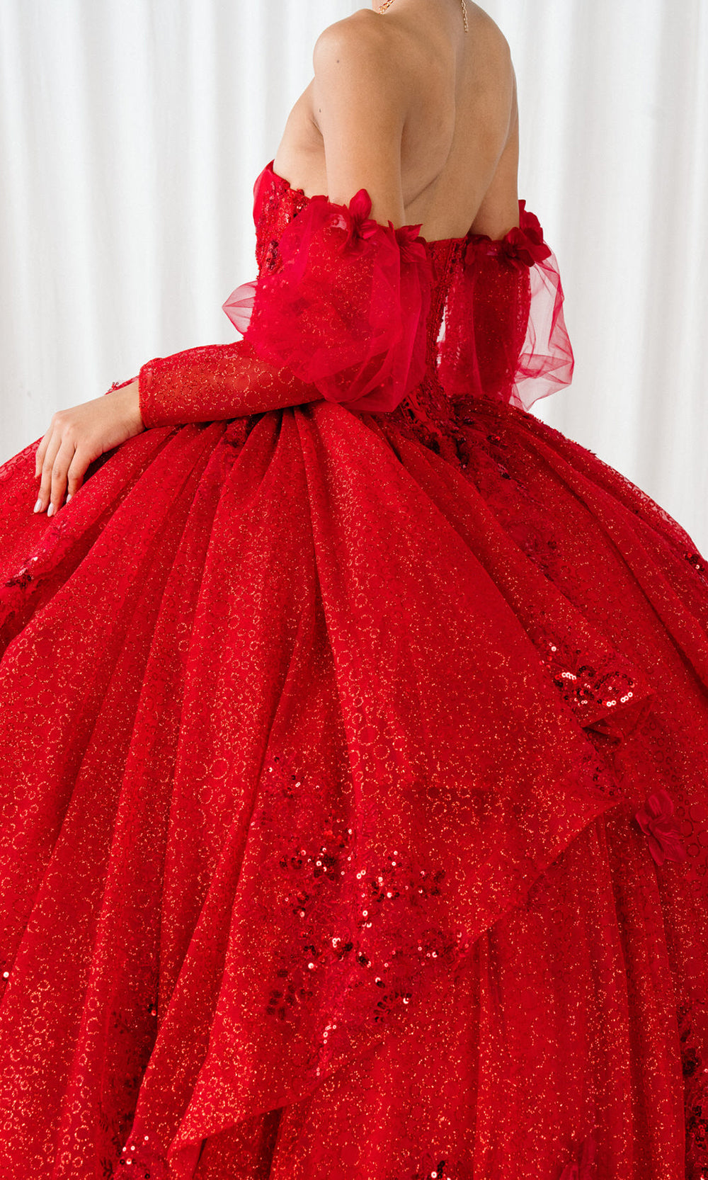 Cinderella Couture 8385J - Long Sleeve Layered Quince Gown Quinceanera Dresses in Red 