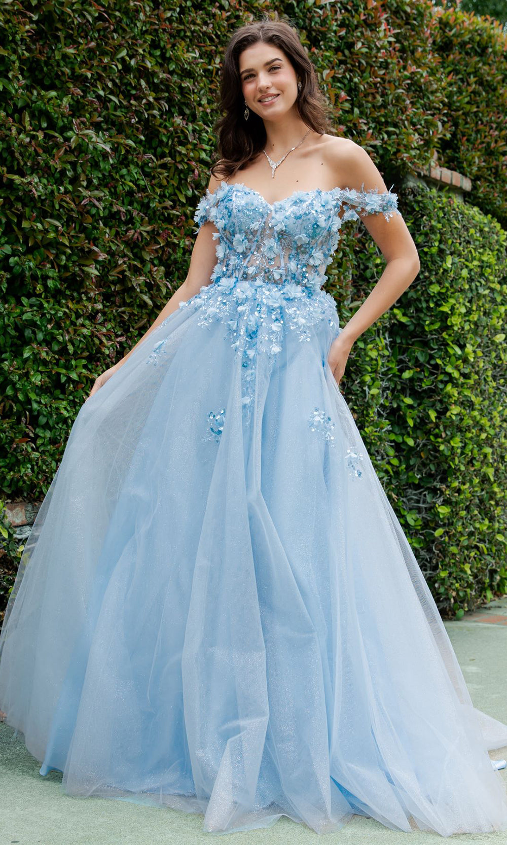 Cinderella Couture 8403J - 3D Floral Accent Off Shoulder Layered Gown Prom Dresses in Blue
