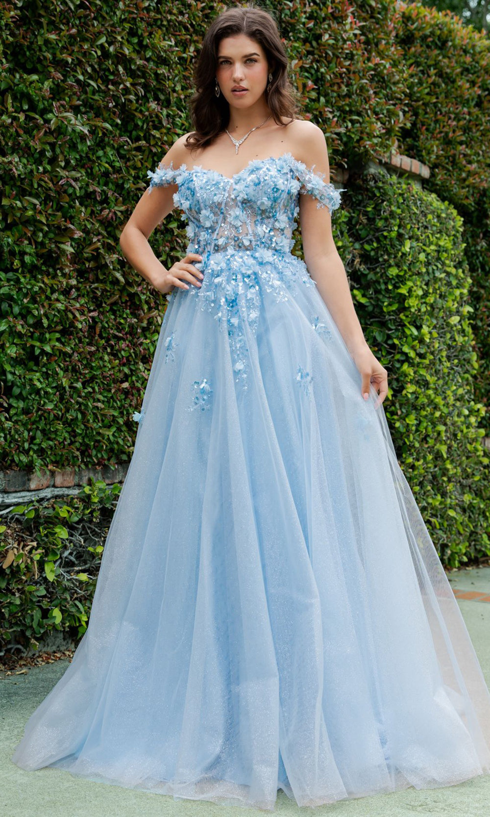 Cinderella Couture 8403J - 3D Floral Accent Off Shoulder Layered Gown Prom Dresses in Blue