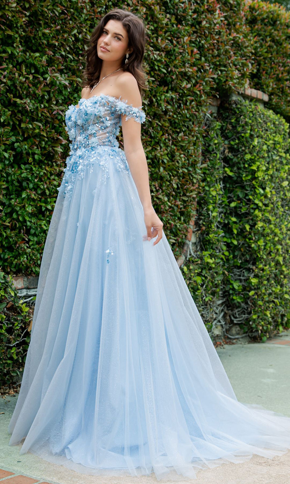 Cinderella Couture 8403J - 3D Floral Accent Off Shoulder Layered Gown Prom Dresses in Blue