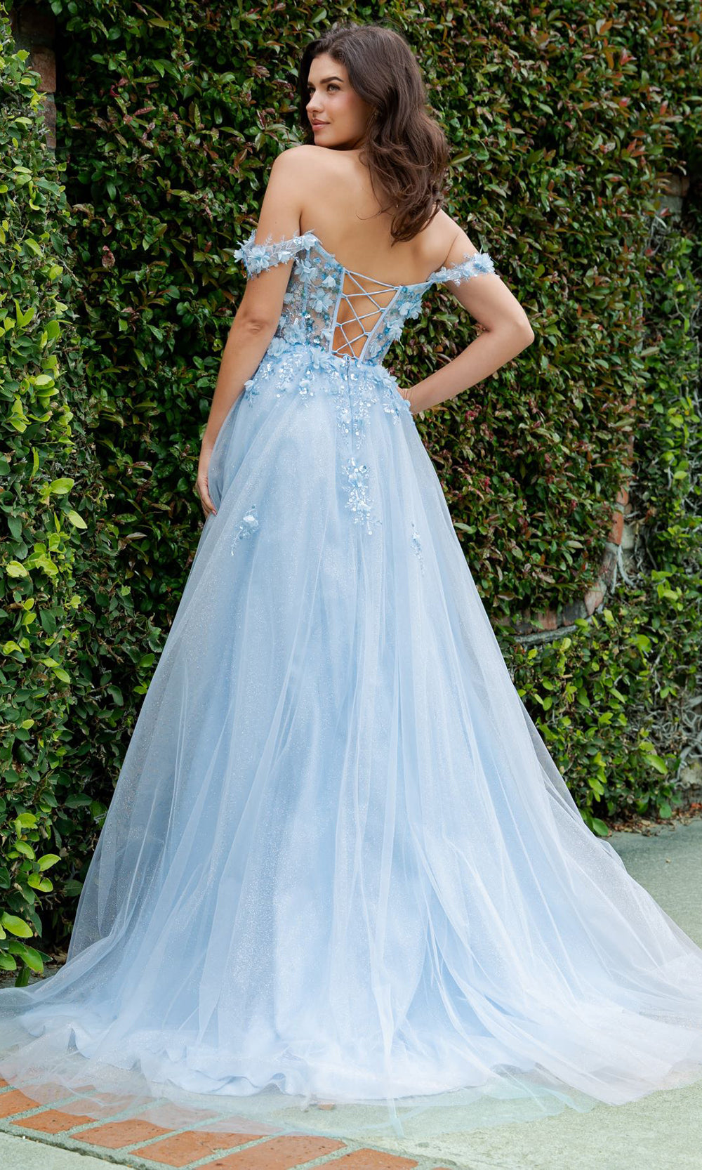 Cinderella Couture 8403J - 3D Floral Accent Off Shoulder Layered Gown Prom Dresses in Blue