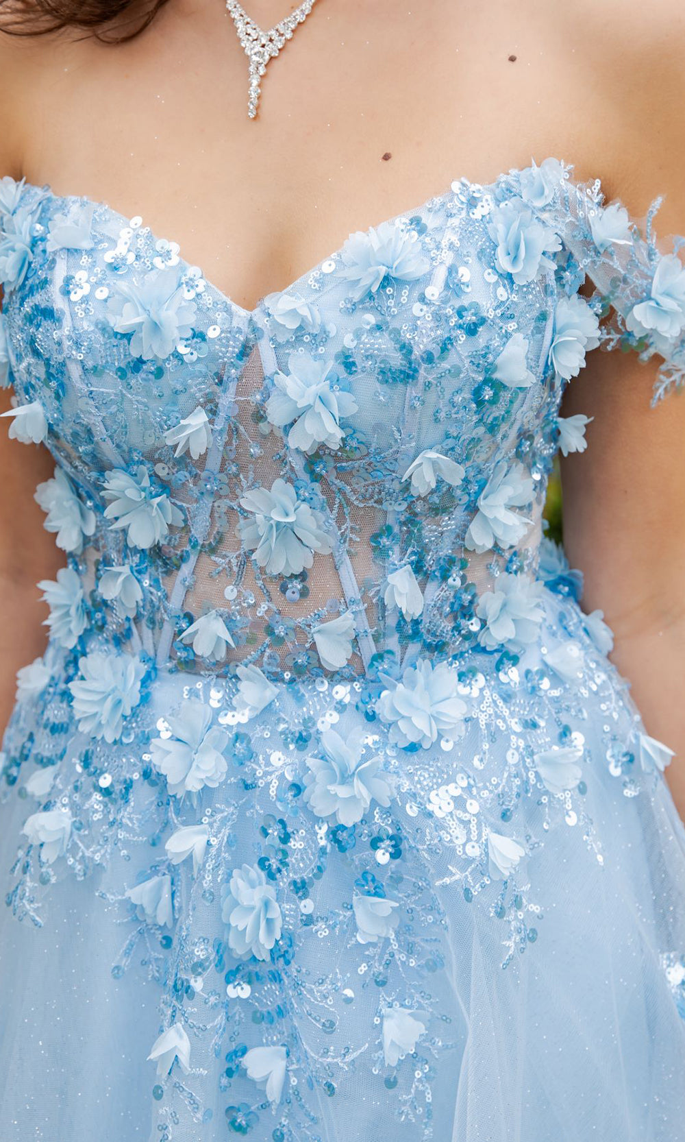 Cinderella Couture 8403J - 3D Floral Accent Off Shoulder Layered Gown Prom Dresses in Blue