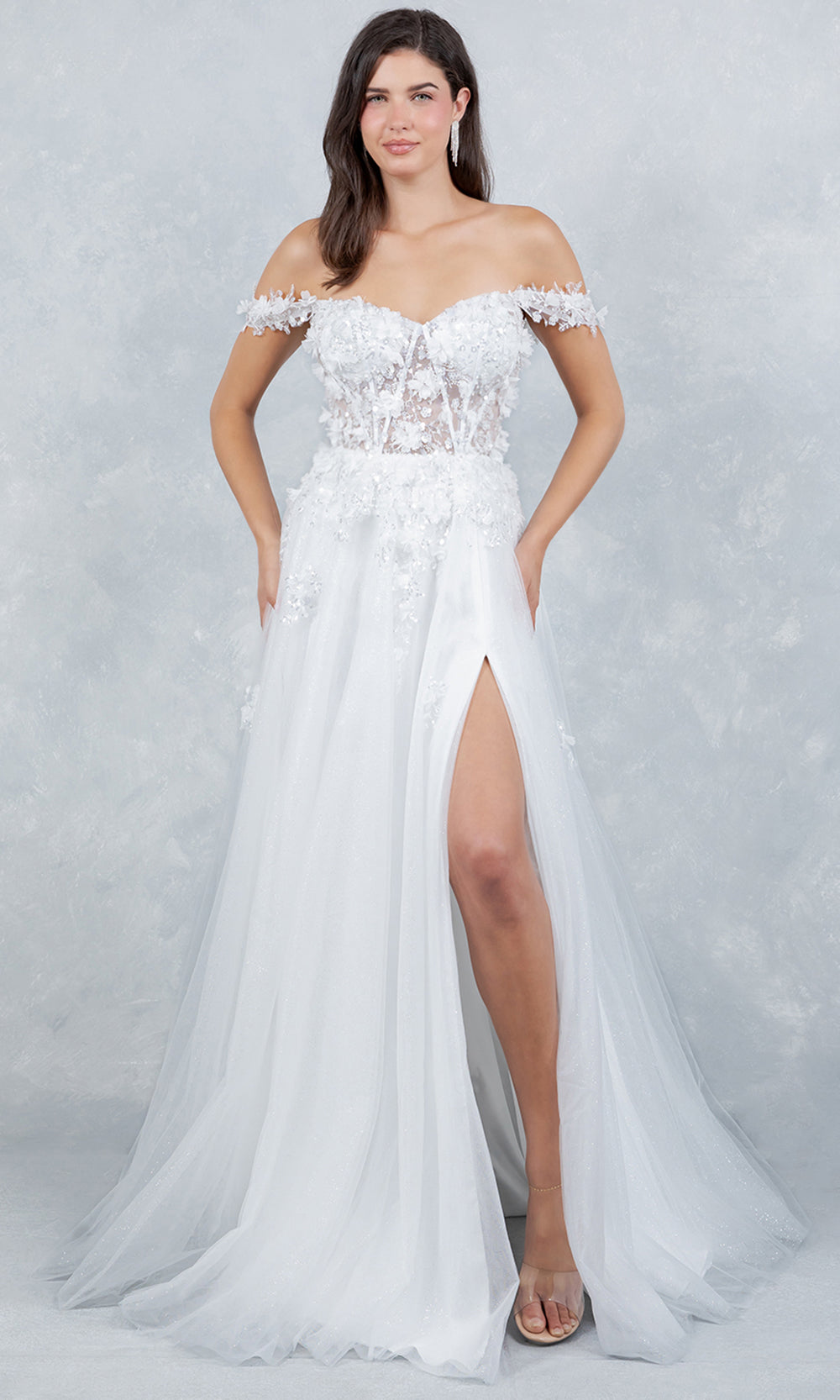Cinderella Couture 8403J - 3D Floral Accent Off Shoulder Layered Gown Prom Dresses in Off White