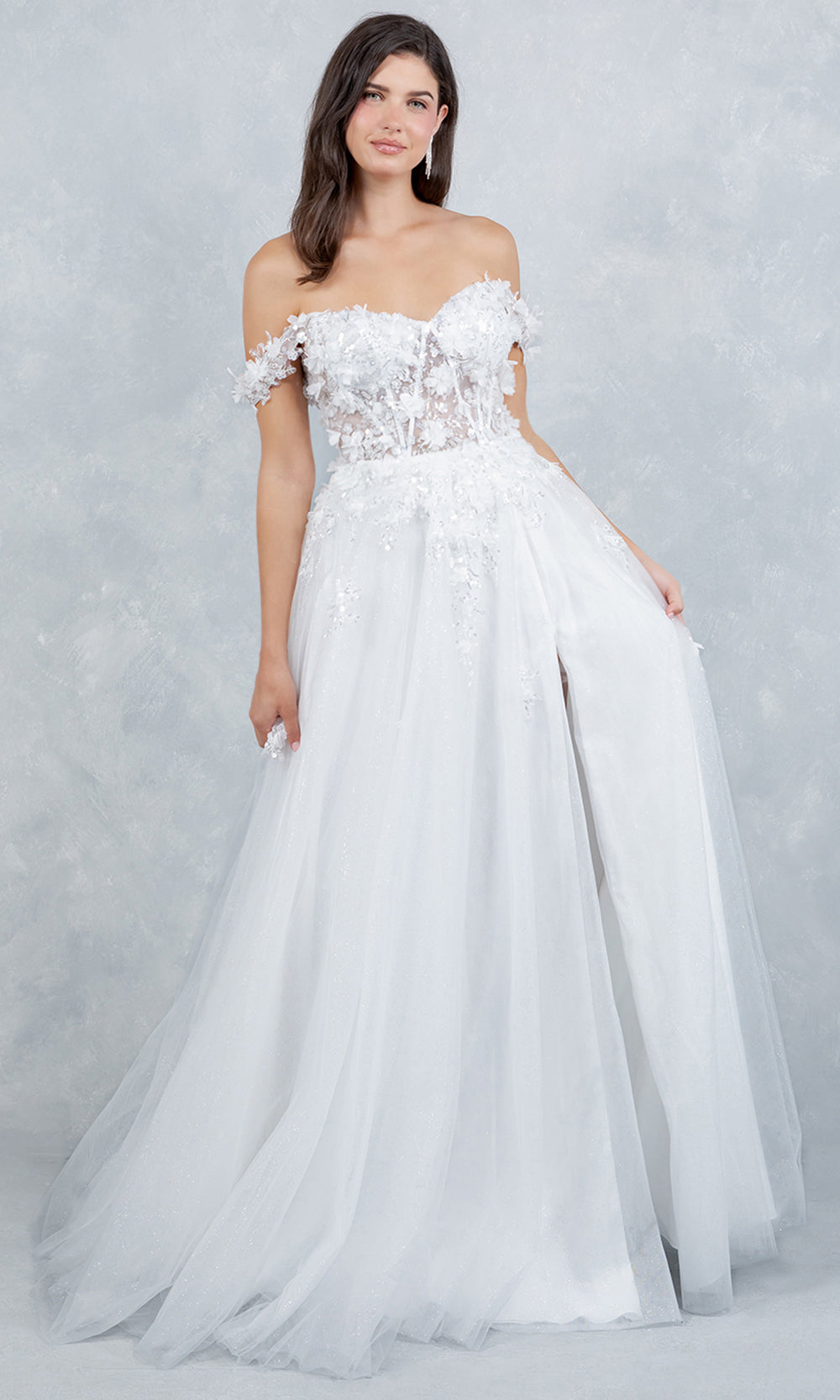 Cinderella Couture 8403J - 3D Floral Accent Off Shoulder Layered Gown Prom Dresses in Off White