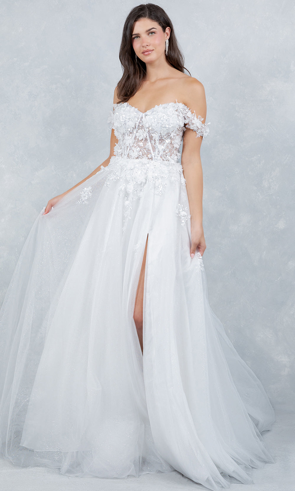 Cinderella Couture 8403J - 3D Floral Accent Off Shoulder Layered Gown Prom Dresses in Off White