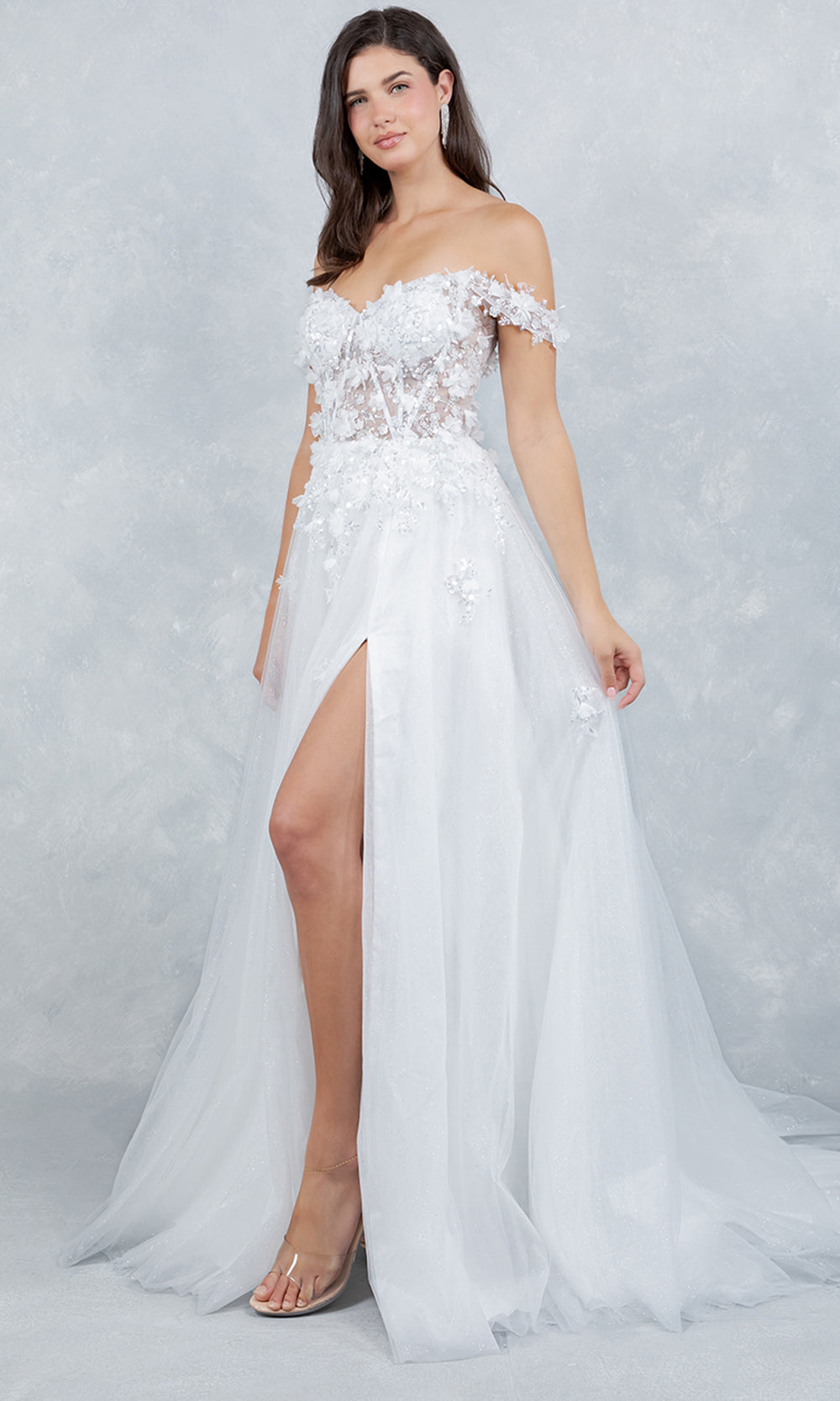 Cinderella Couture 8403J - 3D Floral Accent Off Shoulder Layered Gown Prom Dresses in Off White