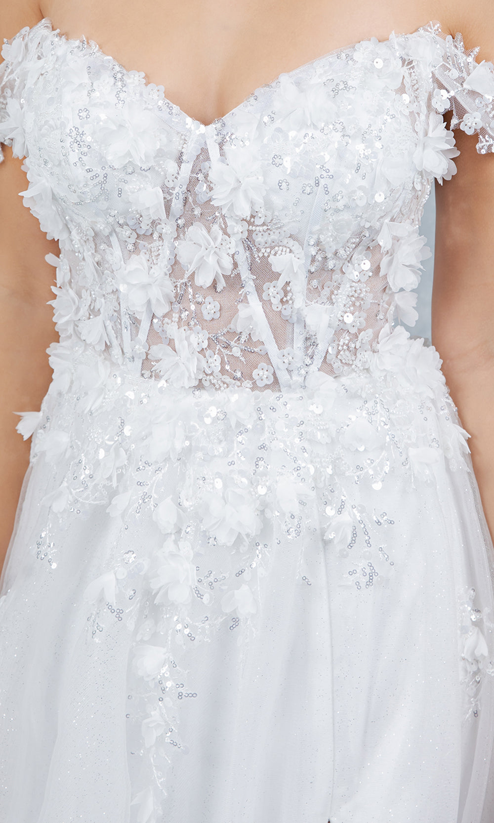 Cinderella Couture 8403J - 3D Floral Accent Off Shoulder Layered Gown Prom Dresses in Off White