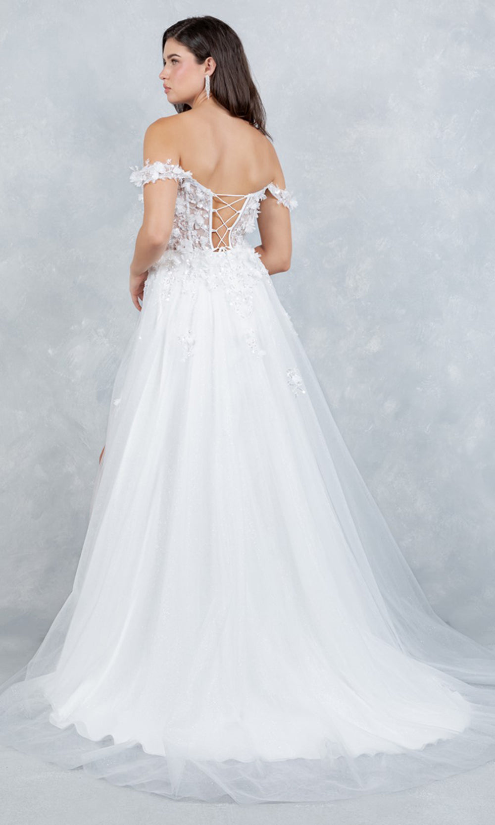 Cinderella Couture 8403J - 3D Floral Accent Off Shoulder Layered Gown Prom Dresses in Off White