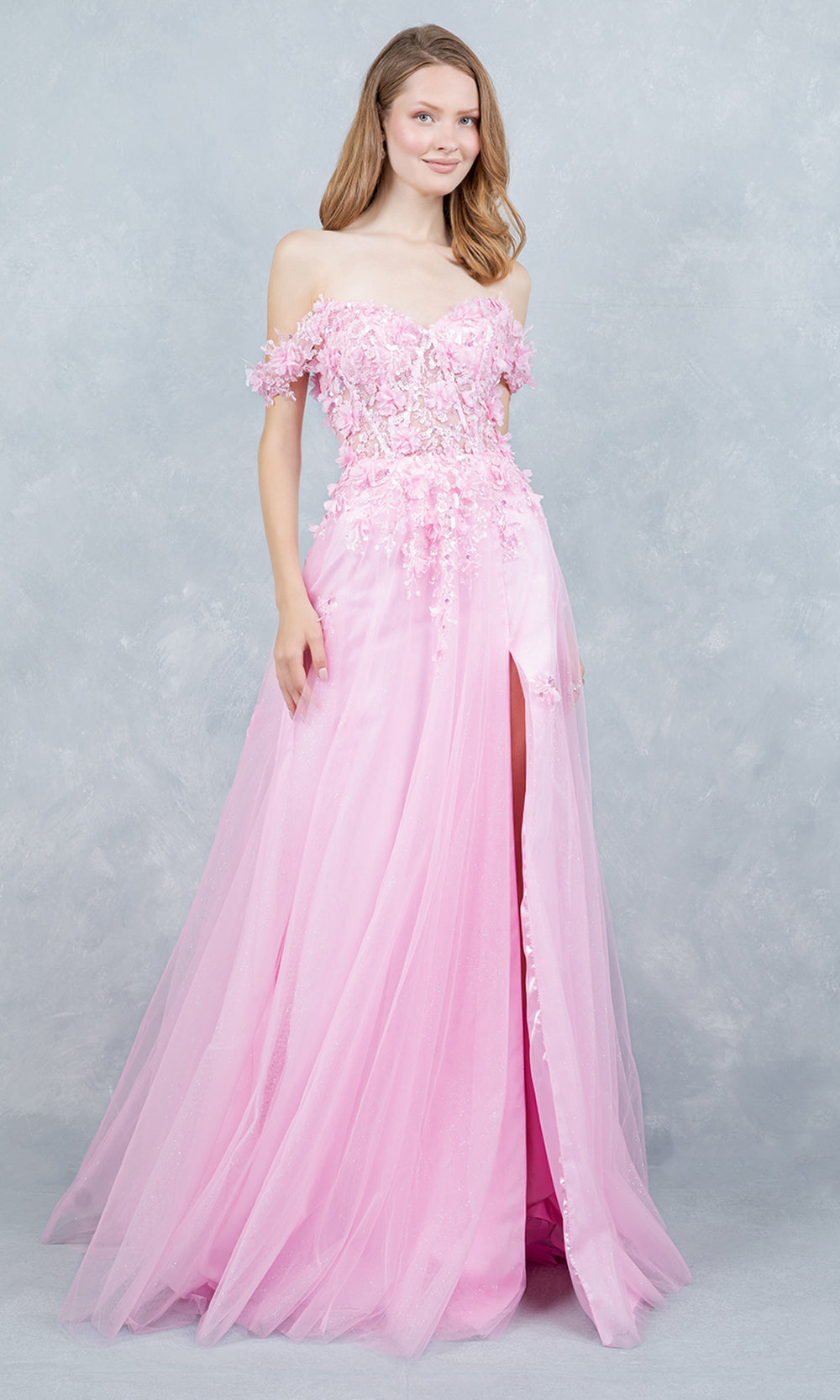 Cinderella Couture 8403J - 3D Floral Accent Off Shoulder Layered Gown Prom Dresses in Pink