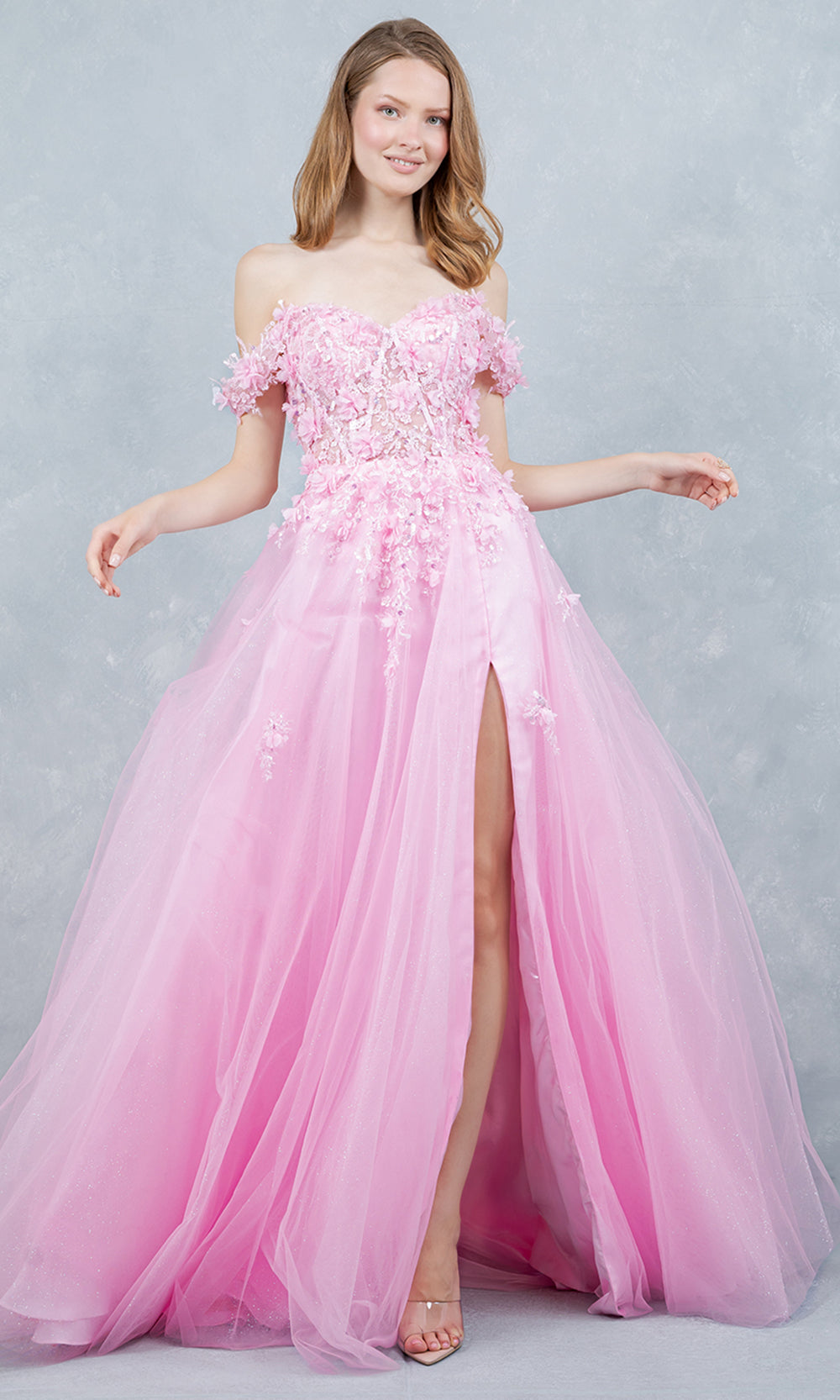 Cinderella Couture 8403J - 3D Floral Accent Off Shoulder Layered Gown Prom Dresses in Pink