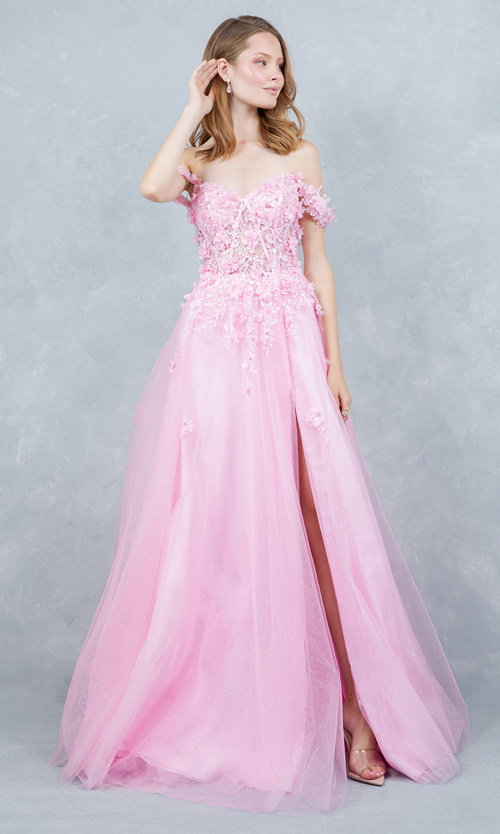 Cinderella Couture 8403J - 3D Floral Accent Off Shoulder Layered Gown Prom Dresses in Pink