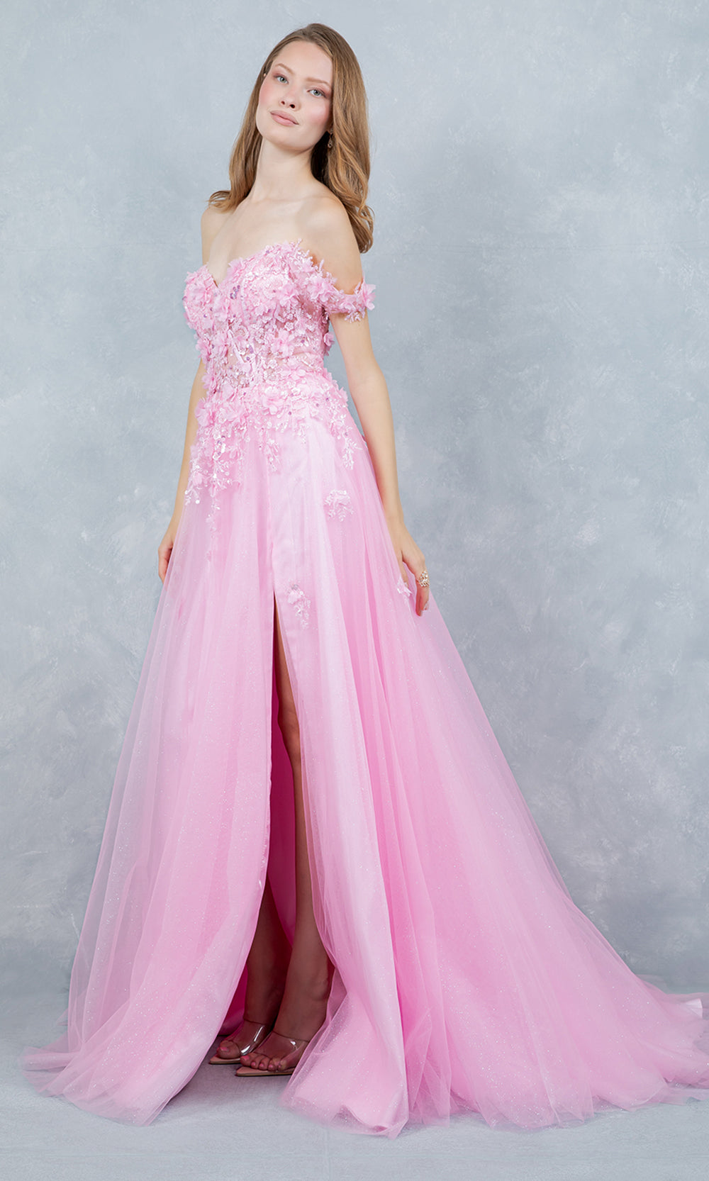 Cinderella Couture 8403J - 3D Floral Accent Off Shoulder Layered Gown Prom Dresses in Pink
