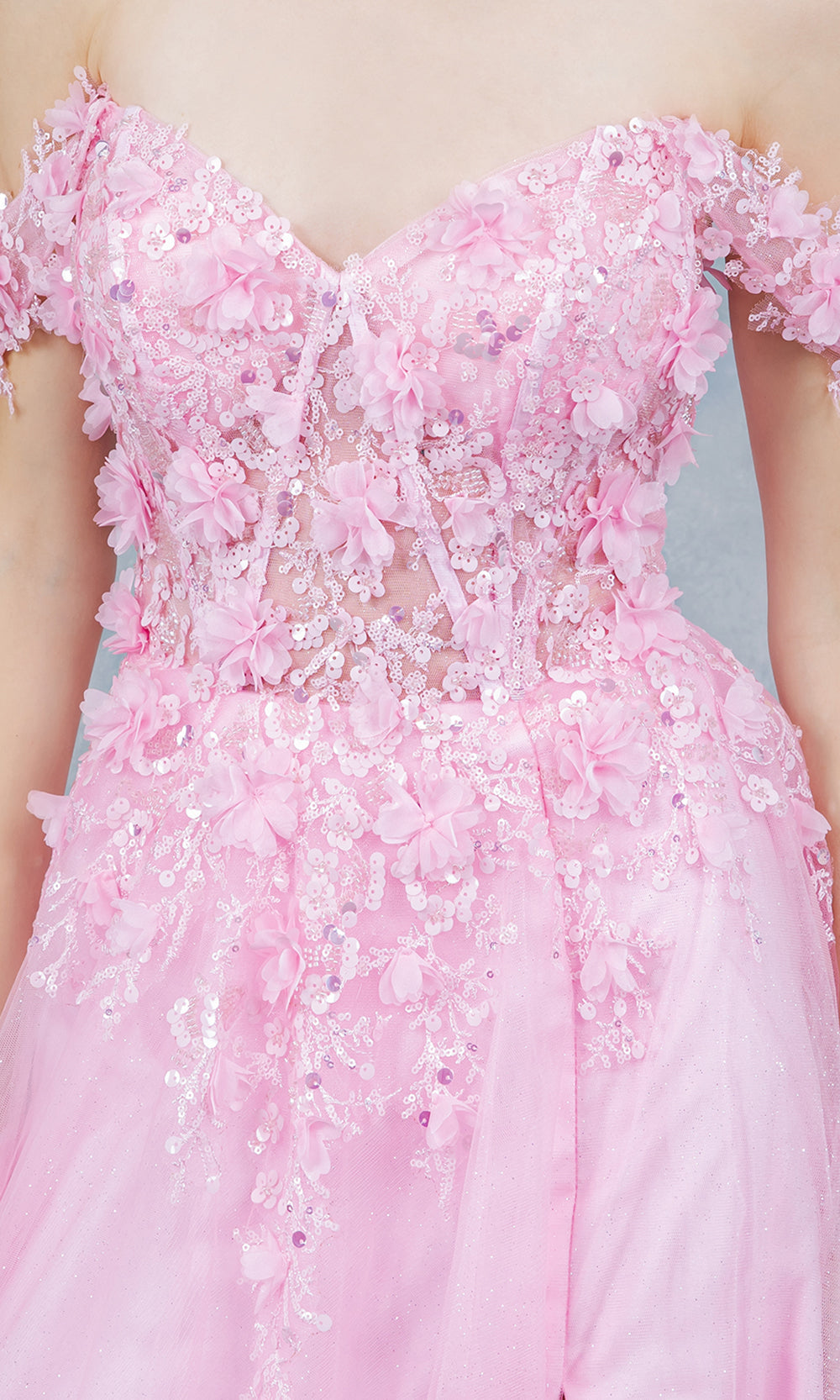 Cinderella Couture 8403J - 3D Floral Accent Off Shoulder Layered Gown Prom Dresses in Pink