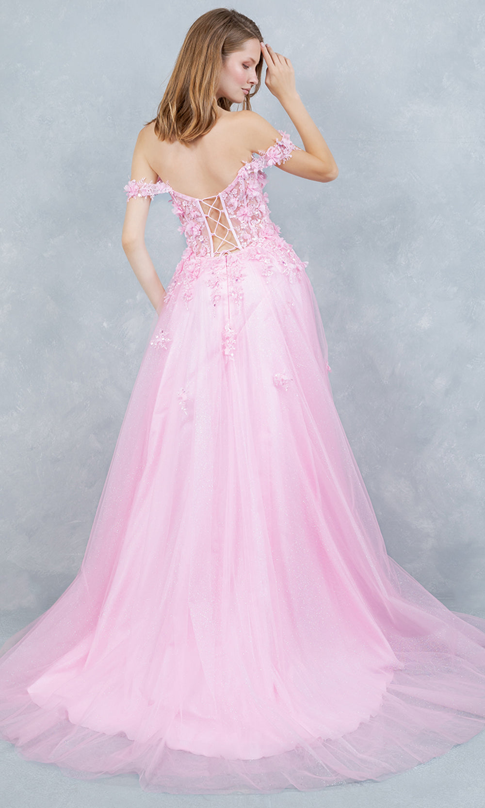 Cinderella Couture 8403J - 3D Floral Accent Off Shoulder Layered Gown Prom Dresses in Pink