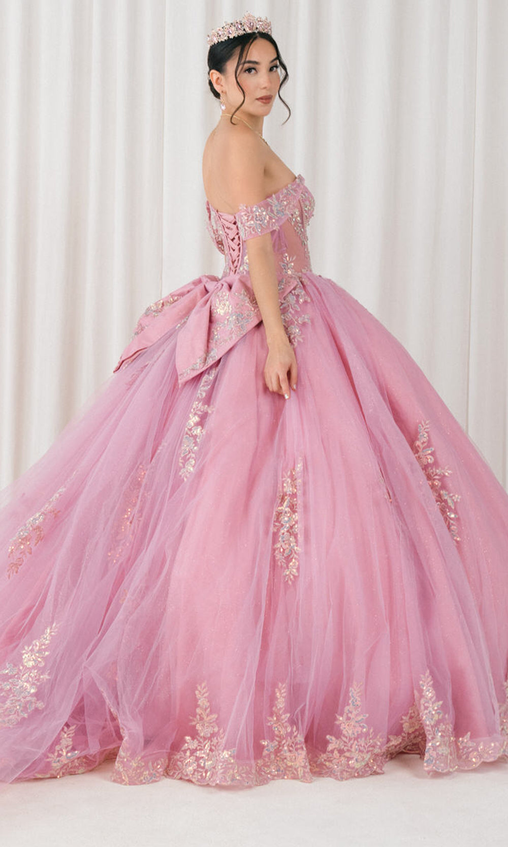 Cinderella Couture 8405JQ - Draped Off Shoulder Applique Tulle Ballgown Quinceanera Dresses in Pink