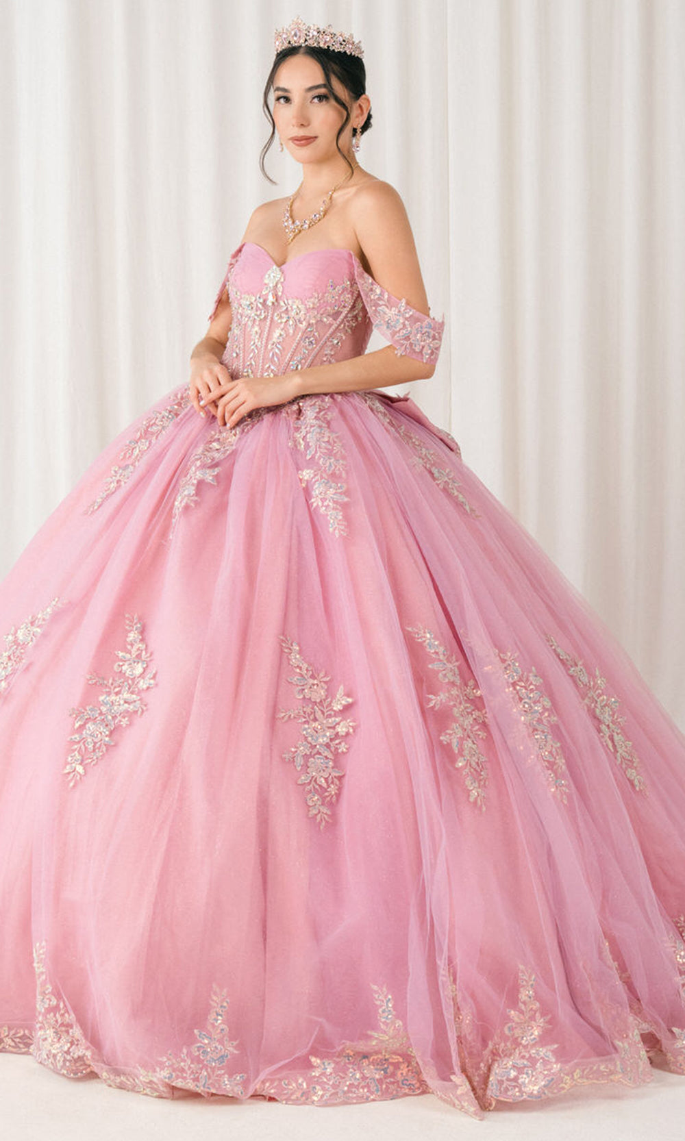 Cinderella Couture 8405JQ - Draped Off Shoulder Applique Tulle Ballgown Quinceanera Dresses in Pink