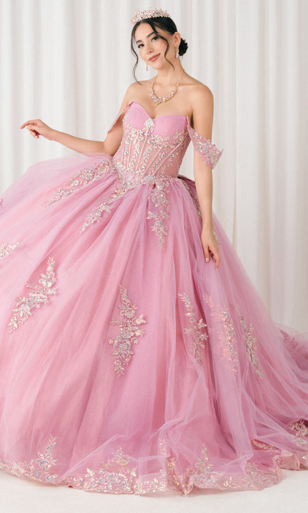 Cinderella Couture 8405JQ - Draped Off Shoulder Applique Tulle Ballgown Quinceanera Dresses in Pink