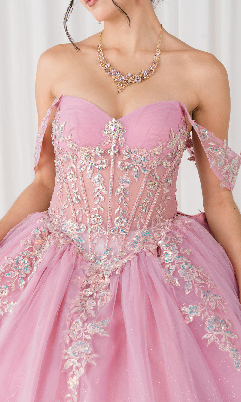 Cinderella Couture 8405JQ - Draped Off Shoulder Applique Tulle Ballgown Quinceanera Dresses in Pink