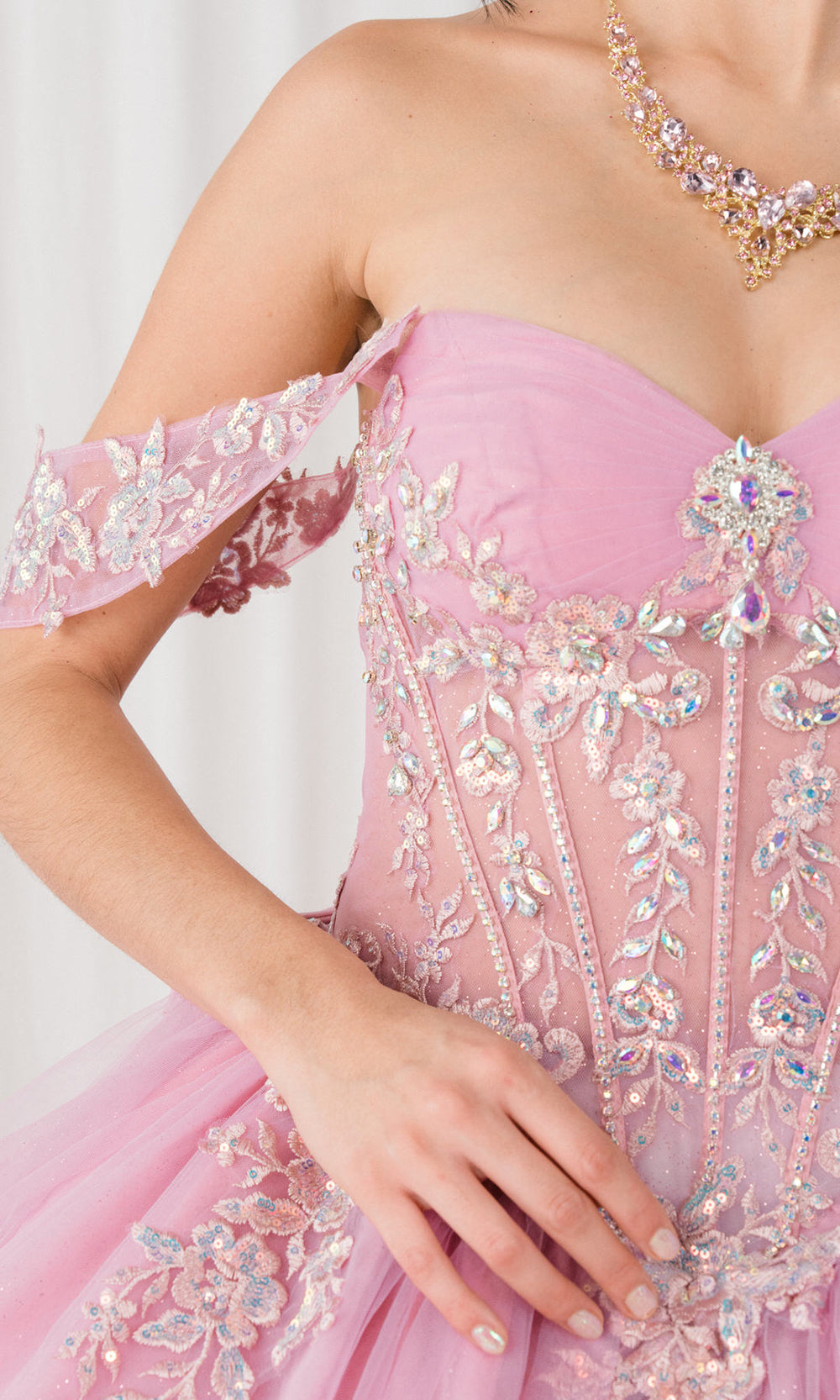 Cinderella Couture 8405JQ - Draped Off Shoulder Applique Tulle Ballgown Quinceanera Dresses in Pink