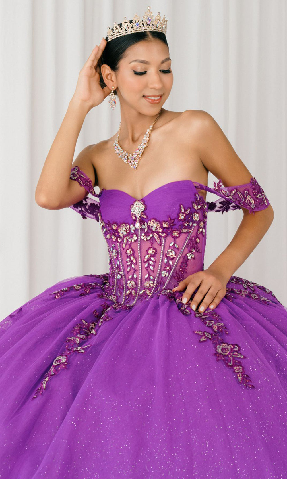 Cinderella Couture 8405JQ - Draped Off Shoulder Applique Tulle Ballgown Quinceanera Dresses in Magenta