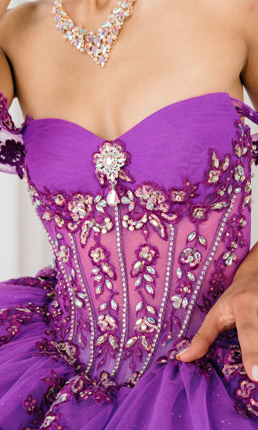 Cinderella Couture 8405JQ - Draped Off Shoulder Applique Tulle Ballgown Quinceanera Dresses in Magenta