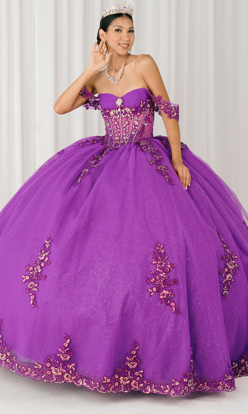 Cinderella Couture 8405JQ - Draped Off Shoulder Applique Tulle Ballgown Quinceanera Dresses in Magenta