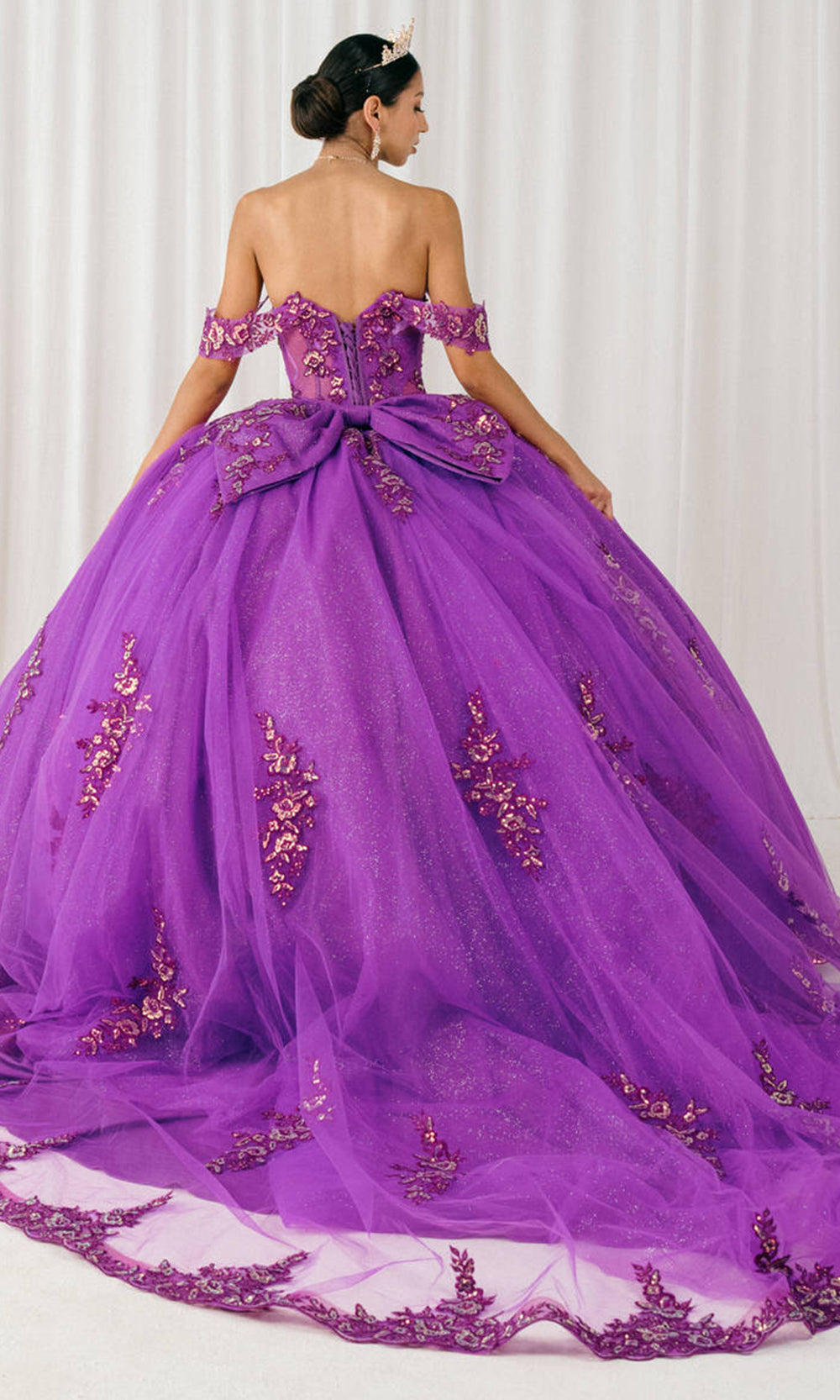 Cinderella Couture 8405JQ - Draped Off Shoulder Applique Tulle Ballgown Quinceanera Dresses in Magenta