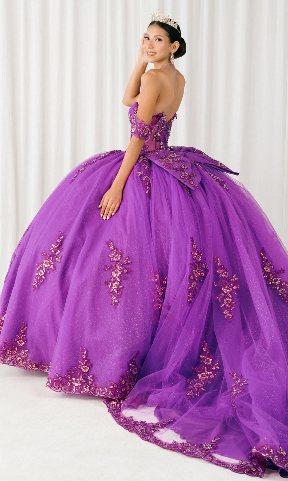 Cinderella Couture 8405JQ - Draped Off Shoulder Applique Tulle Ballgown Quinceanera Dresses in Magenta