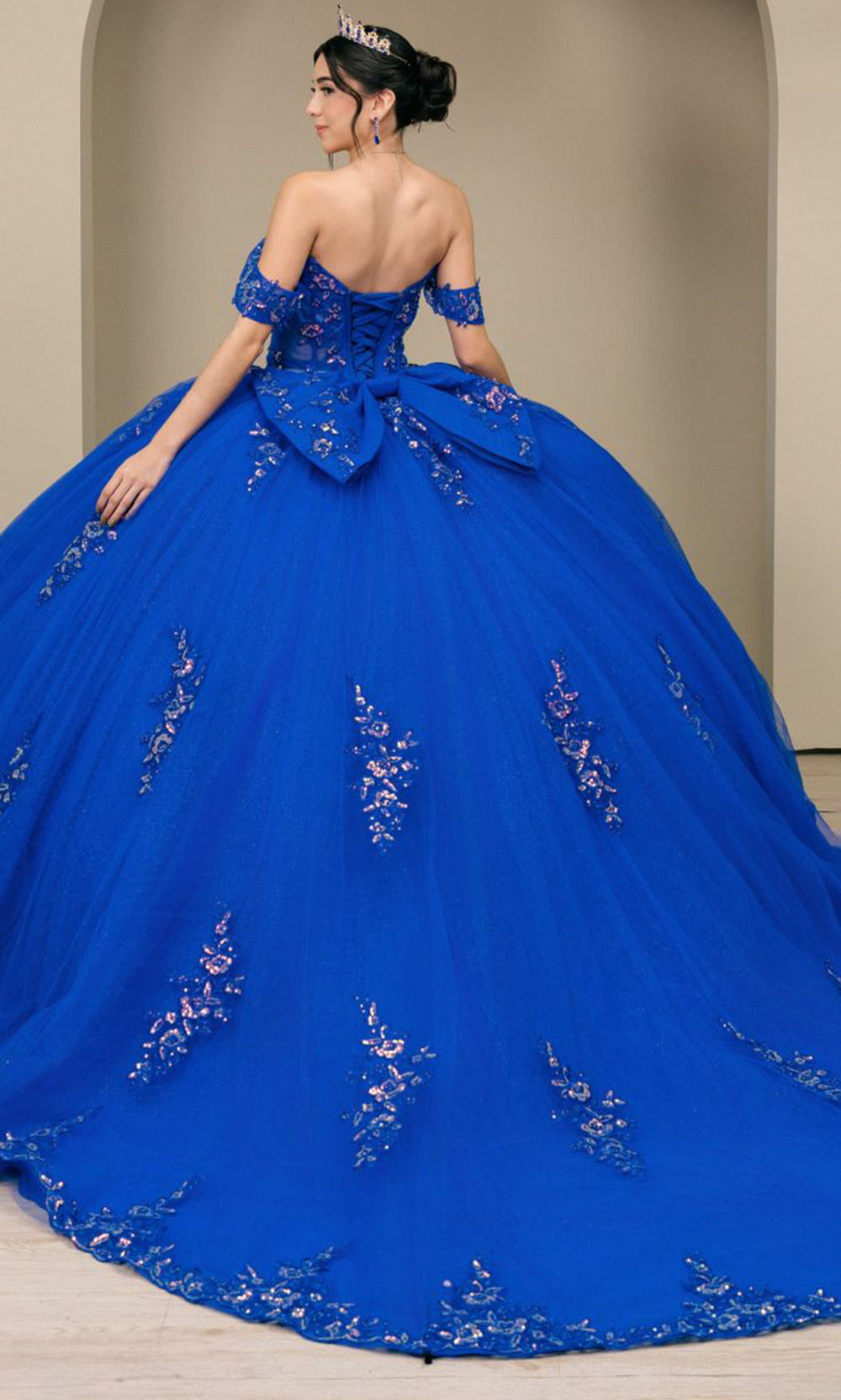 Cinderella Couture 8405JQ - Draped Off Shoulder Applique Tulle Ballgown Quinceanera Dresses in Royal
