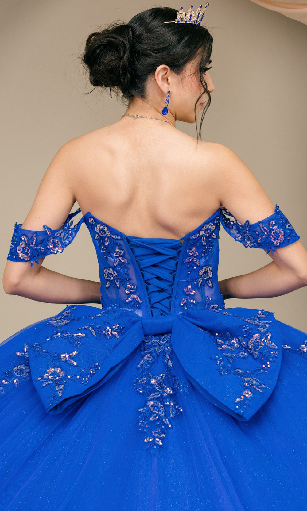 Cinderella Couture 8405JQ - Draped Off Shoulder Applique Tulle Ballgown Quinceanera Dresses in Royal