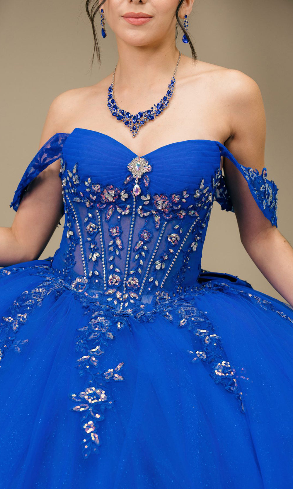 Cinderella Couture 8405JQ - Draped Off Shoulder Applique Tulle Ballgown Quinceanera Dresses in Royal
