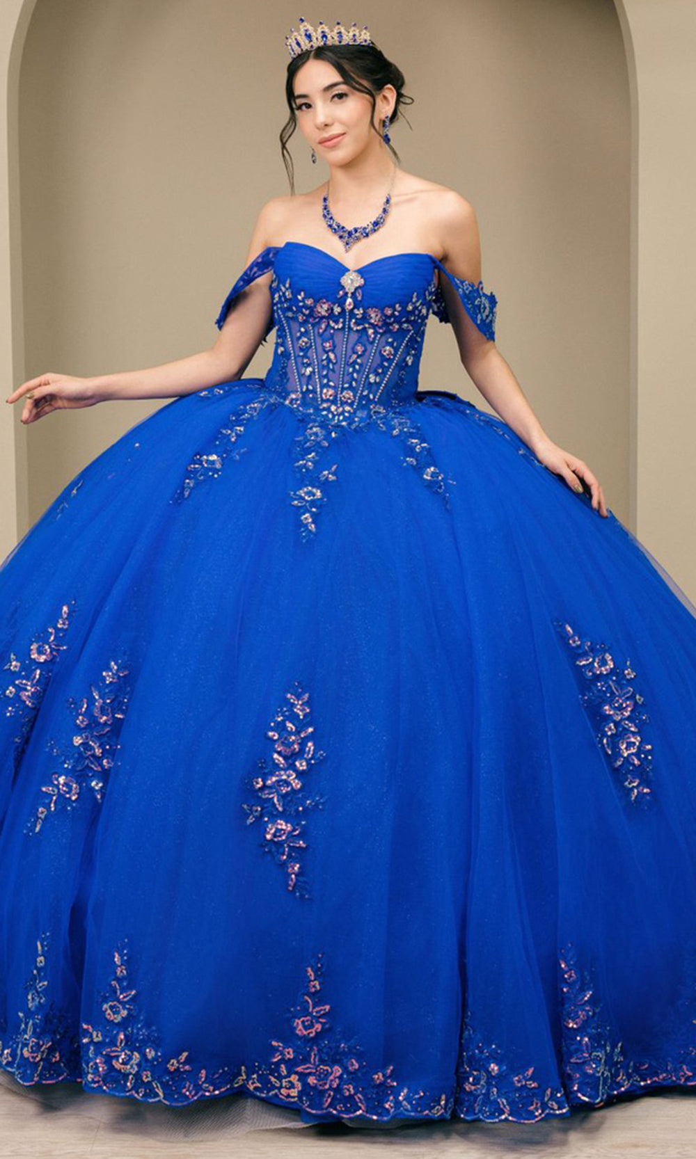 Cinderella Couture 8405JQ - Draped Off Shoulder Applique Tulle Ballgown Quinceanera Dresses in Royal