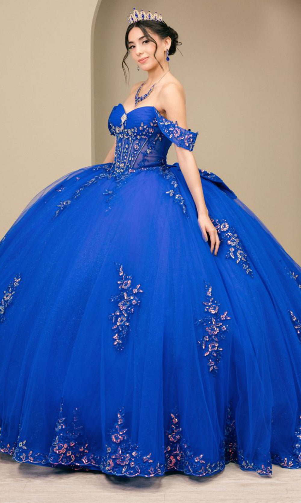 Cinderella Couture 8405JQ - Draped Off Shoulder Applique Tulle Ballgown Quinceanera Dresses in Royal