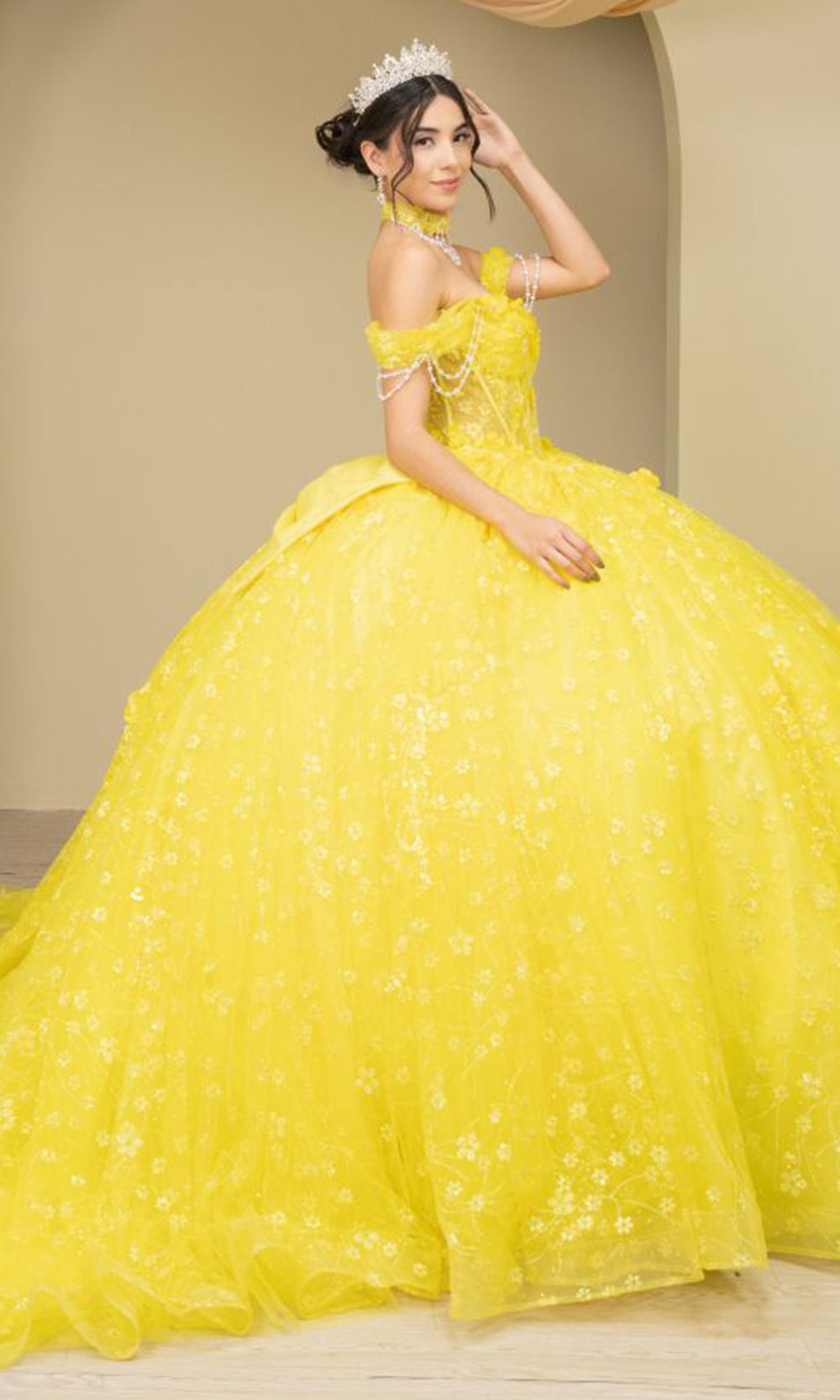 Cinderella Couture 8415JQ - Floral Detail Lace-Up Back Quince Gown Ball Gowns in Yellow