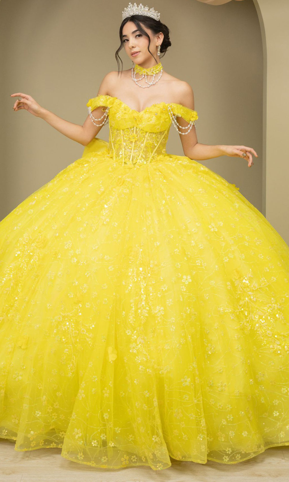 Cinderella Couture 8415JQ - Floral Detail Lace-Up Back Quince Gown Ball Gowns in Yellow