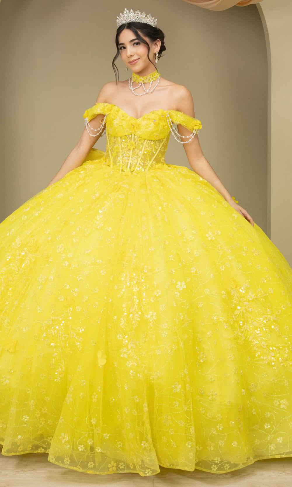 Cinderella Couture 8415JQ - Floral Detail Lace-Up Back Quince Gown Ball Gowns in Yellow