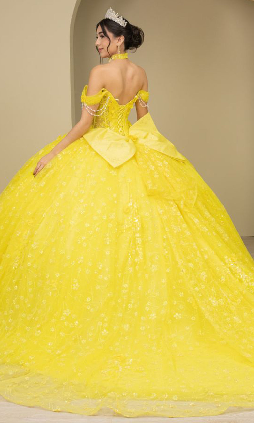 Cinderella Couture 8415JQ - Floral Detail Lace-Up Back Quince Gown Ball Gowns in Yellow