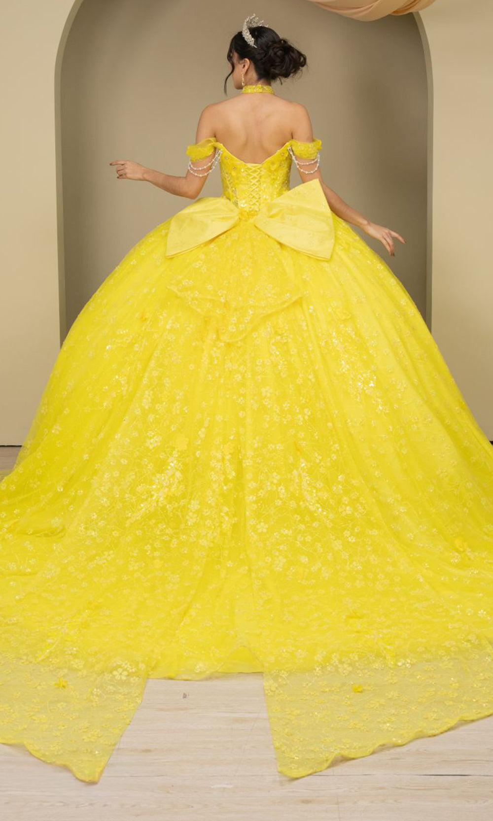 Cinderella Couture 8415JQ - Floral Detail Lace-Up Back Quince Gown Ball Gowns in Yellow