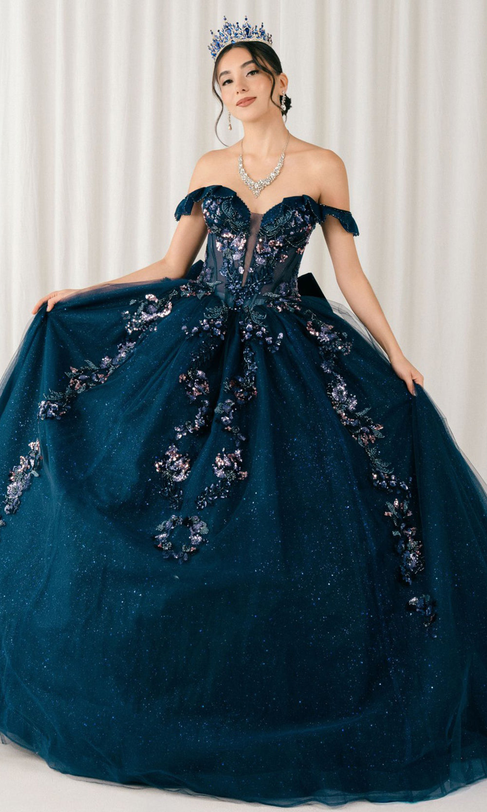 Cinderella Couture 8440JQ - Beaded Bodice Plunging Sweetheart Quince Gown Ball Gowns in Navy 