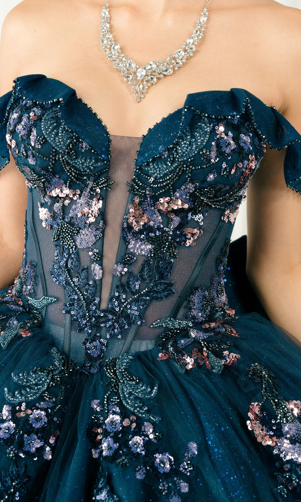 Cinderella Couture 8440JQ - Beaded Bodice Plunging Sweetheart Quince Gown Ball Gowns in Navy 