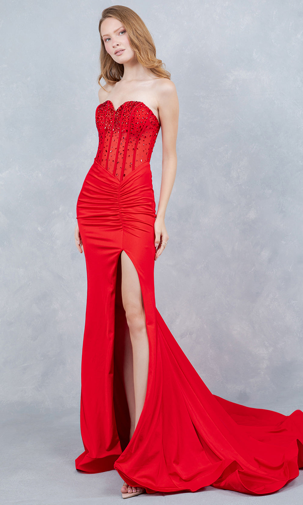 Cinderella Couture 8443J - Sweetheart Crystal Embellished Sheath Gown Prom Dresses in Red 