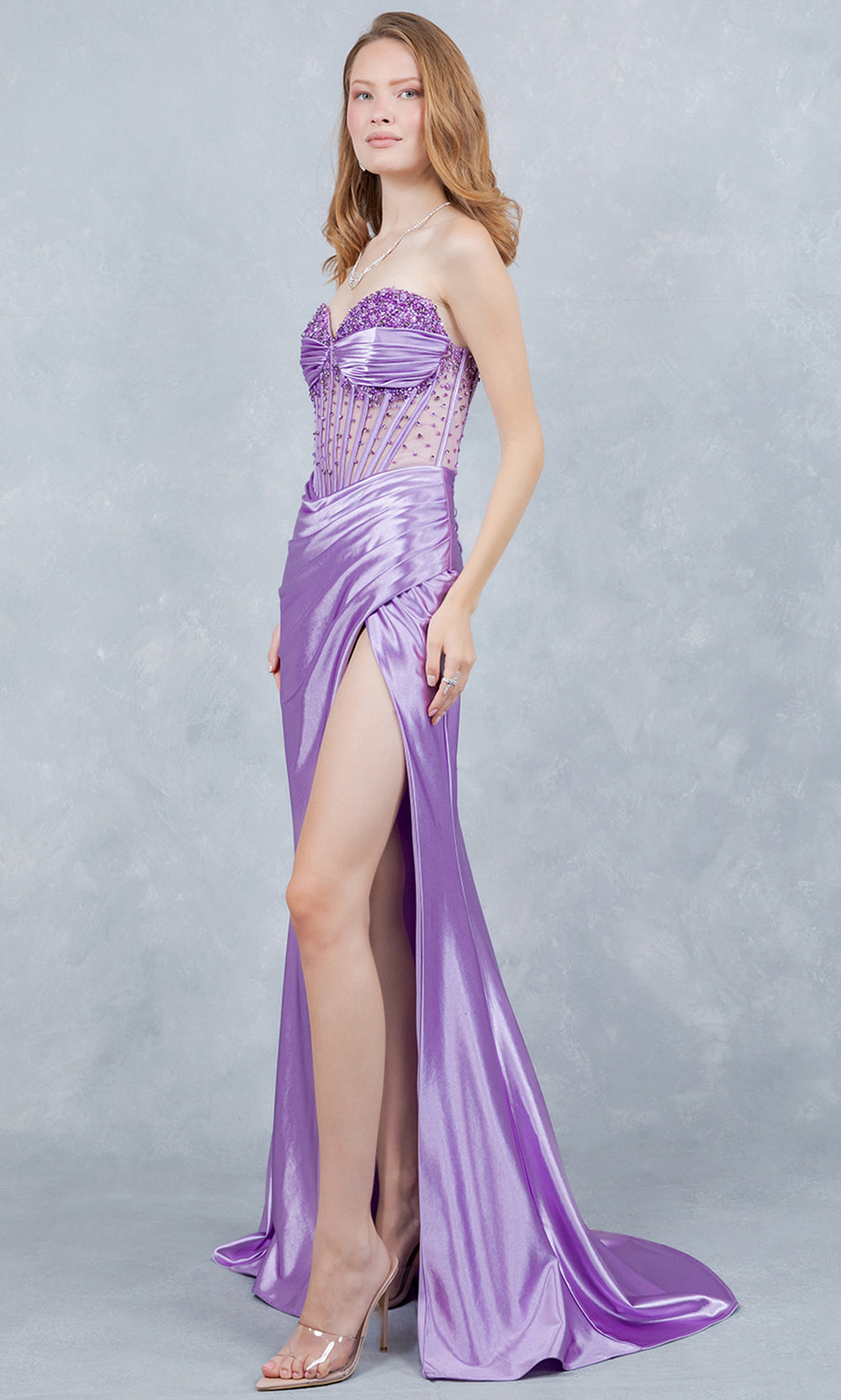 Cinderella Couture 8449J - Floral Applique Illusion Strapless Prom Gown Prom Dresses in Lilac 