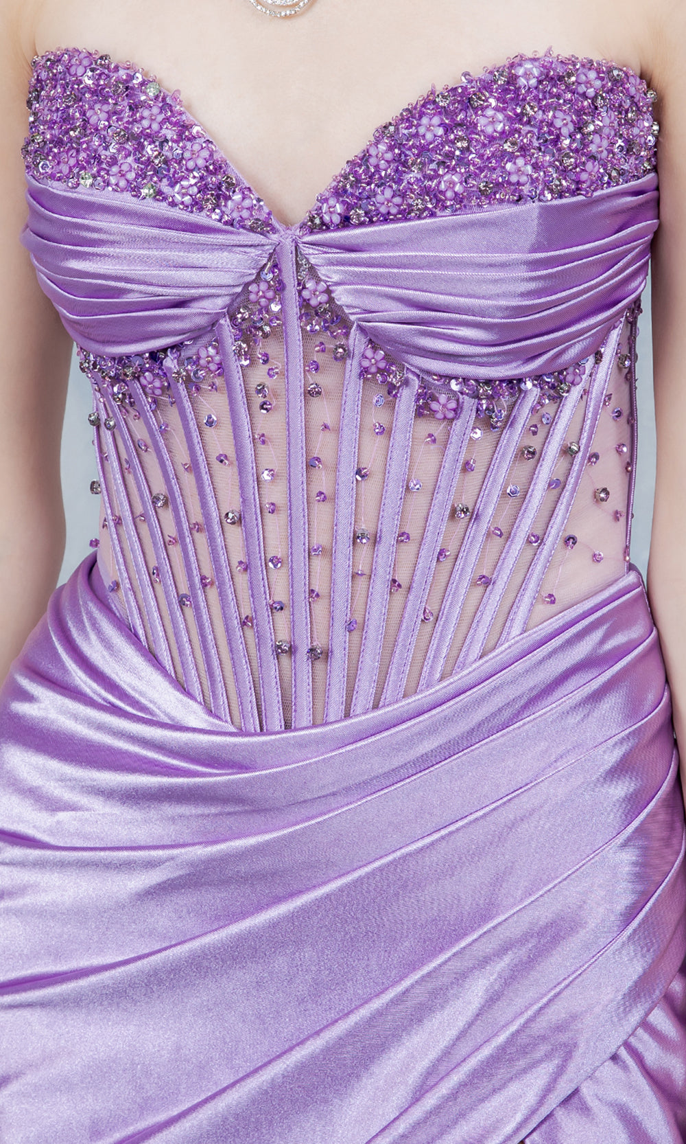 Cinderella Couture 8449J - Floral Applique Illusion Strapless Prom Gown Prom Dresses in Lilac 